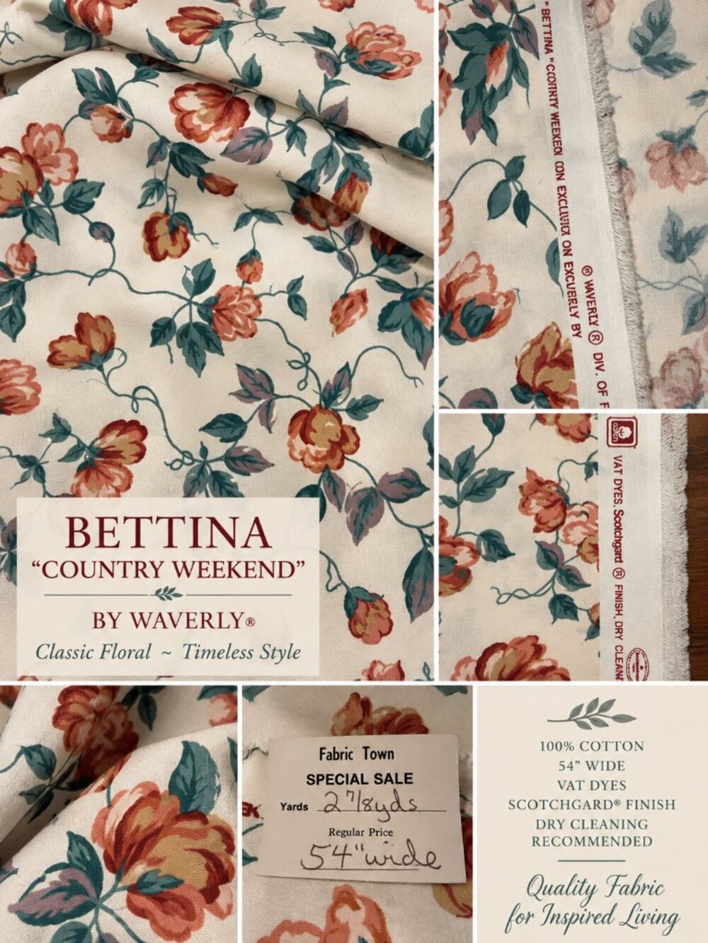 Waverly Bettina Country Weekend Floral Fabric 2 7/8 Yards 54" Wide Vintage Decor